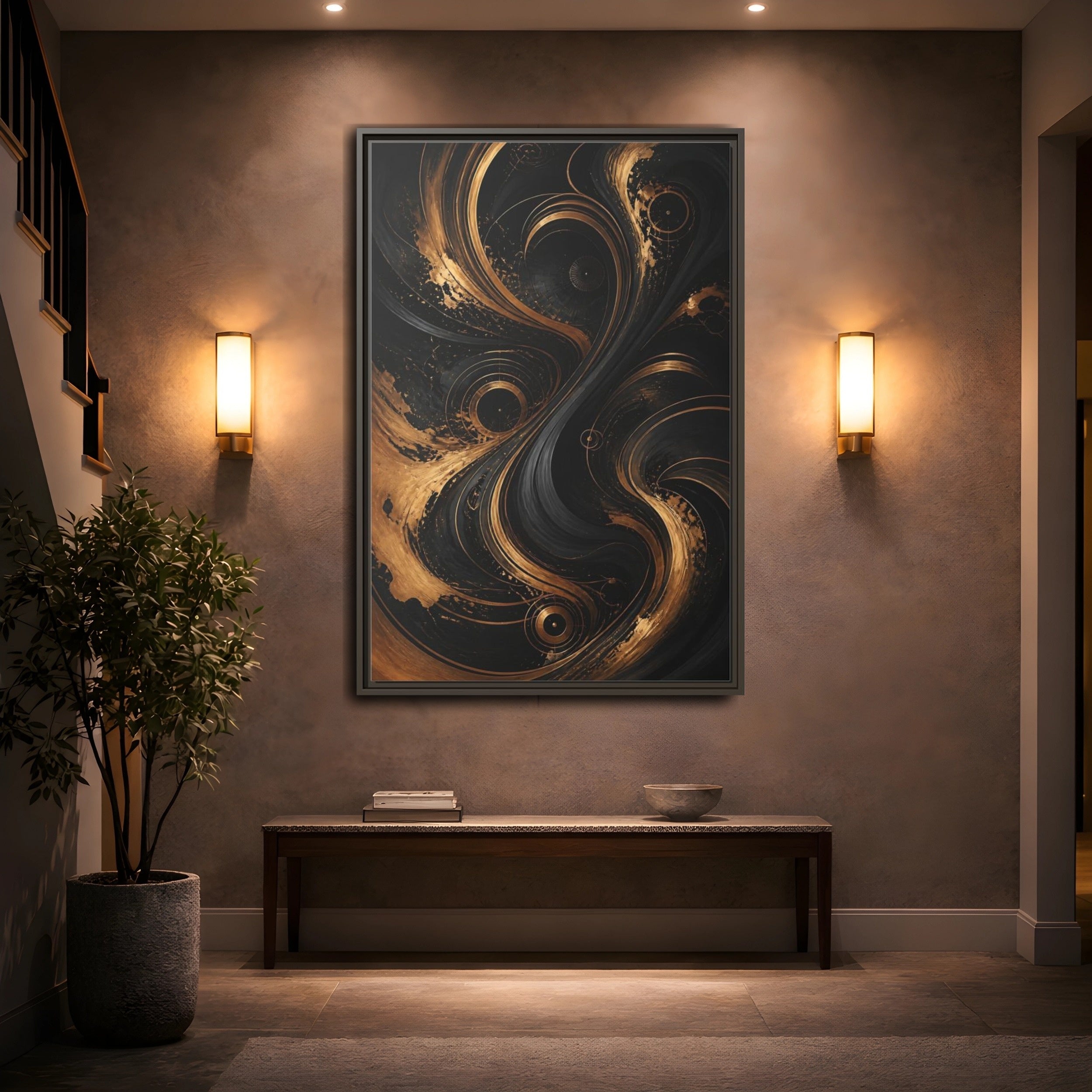 Mockup 2. Abstract Abstract Swirls Black And Gold Abstract shown as stretched canvas wall art