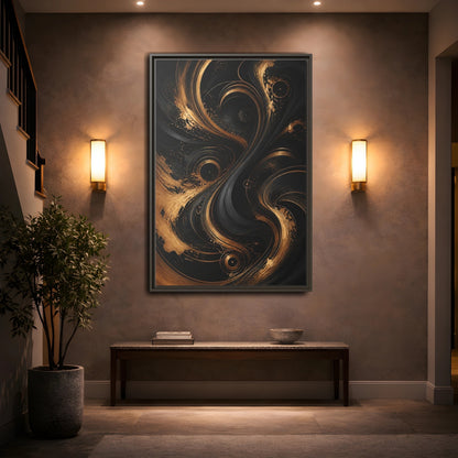 Mockup 2. Abstract Abstract Swirls Black And Gold Abstract shown as stretched canvas wall art