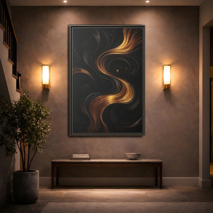 Mockup 2. Abstract Abstract Swirls Black And Gold Abstract shown as stretched canvas wall art
