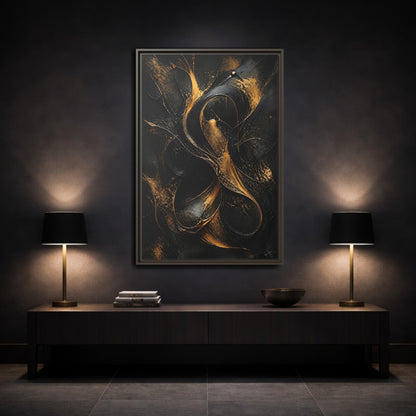 Mockup 3. Abstract Abstract Swirls Black And Gold Abstract shown as stretched canvas wall art