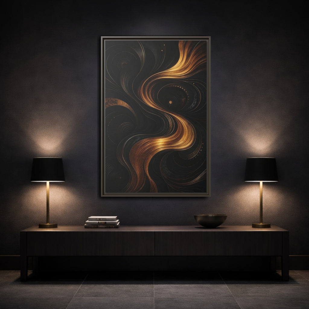 Mockup 3. Abstract Abstract Swirls Black And Gold Abstract shown as stretched canvas wall art