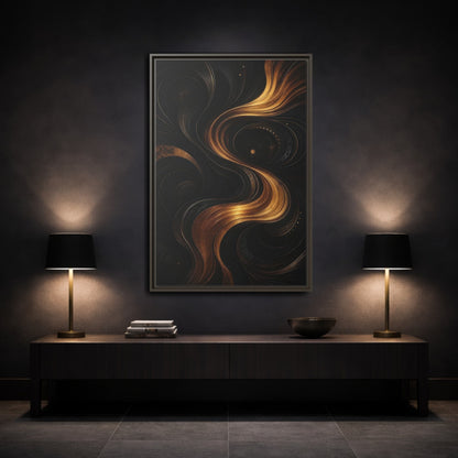 Mockup 3. Abstract Abstract Swirls Black And Gold Abstract shown as stretched canvas wall art