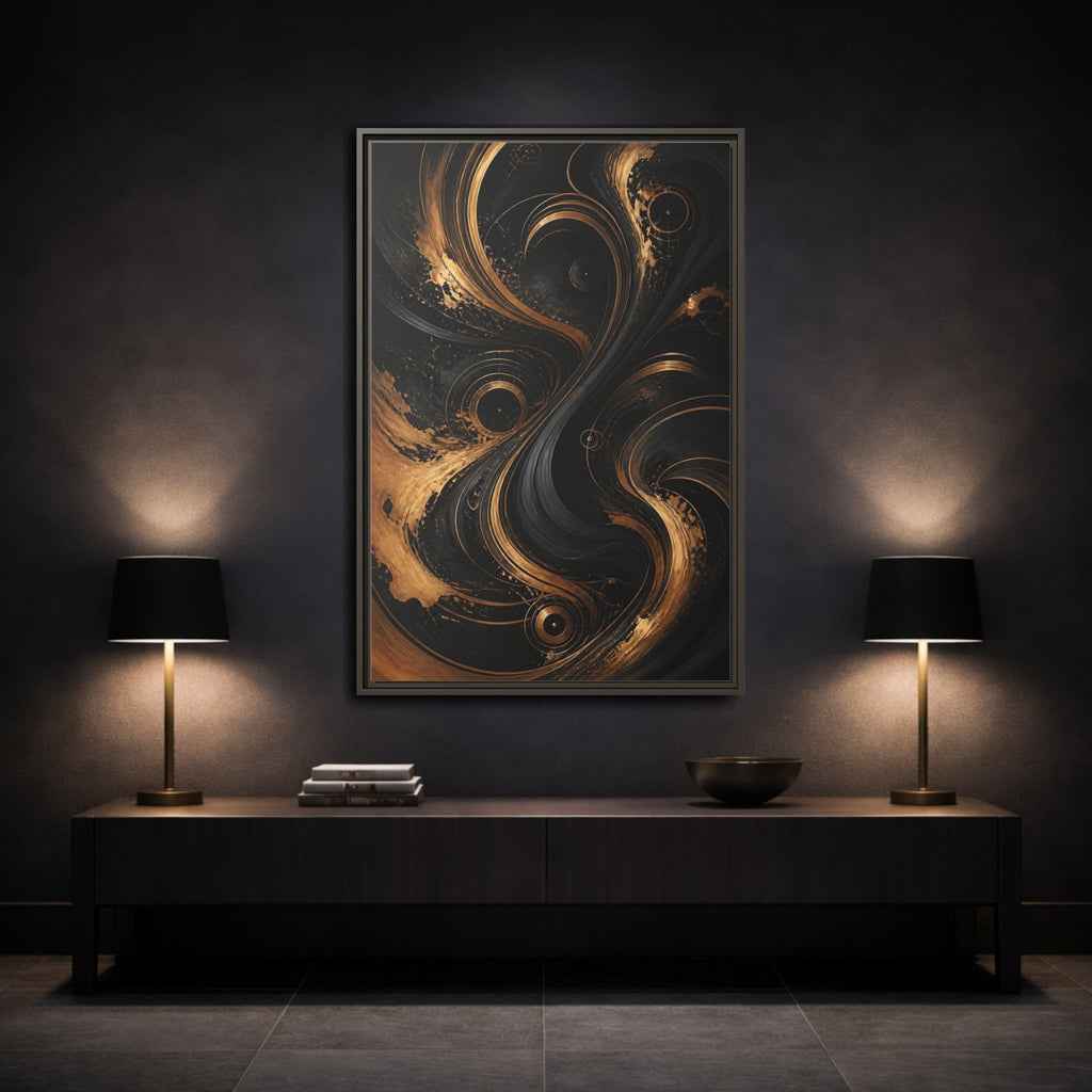 Mockup 3. Abstract Abstract Swirls Black And Gold Abstract shown as stretched canvas wall art