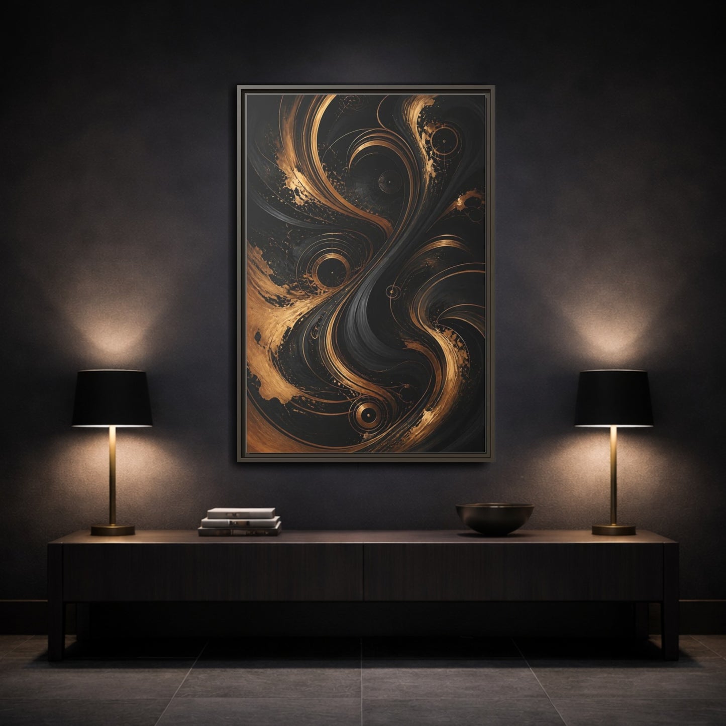Mockup 3. Abstract Abstract Swirls Black And Gold Abstract shown as stretched canvas wall art