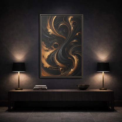 Mockup 3. Abstract Abstract Swirls Black And Gold Abstract shown as stretched canvas wall art