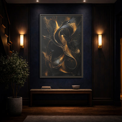 Mockup 4. Abstract Abstract Swirls Black And Gold Abstract shown as stretched canvas wall art