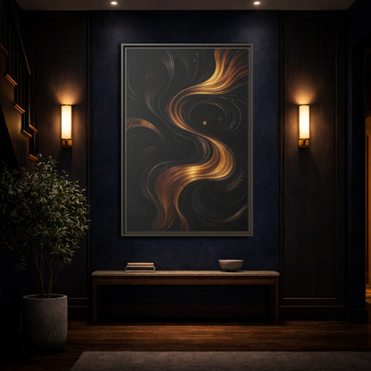 Mockup 4. Abstract Abstract Swirls Black And Gold Abstract shown as stretched canvas wall art
