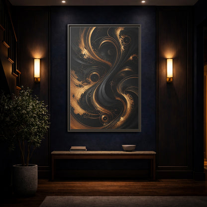 Mockup 4. Abstract Abstract Swirls Black And Gold Abstract shown as stretched canvas wall art