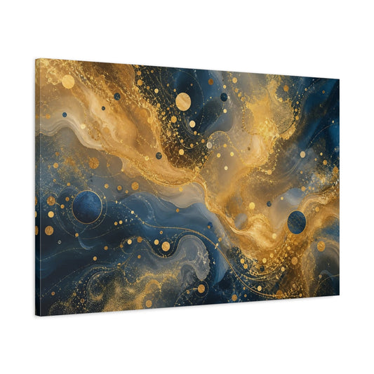 Main Mockup. Abstract Abstract Swirls Blue And Gold Abstract shown as stretched canvas wall art