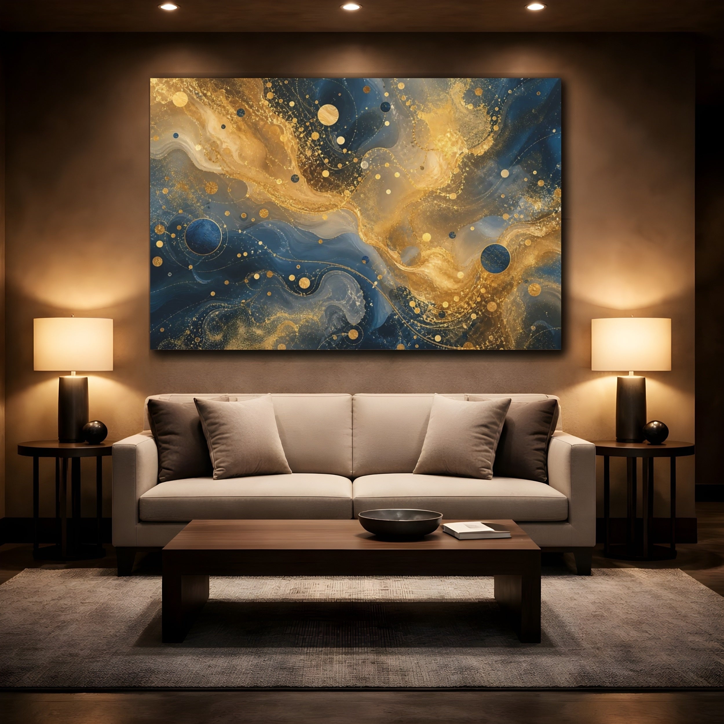 Mockup 2. Abstract Abstract Swirls Blue And Gold Abstract shown as stretched canvas wall art