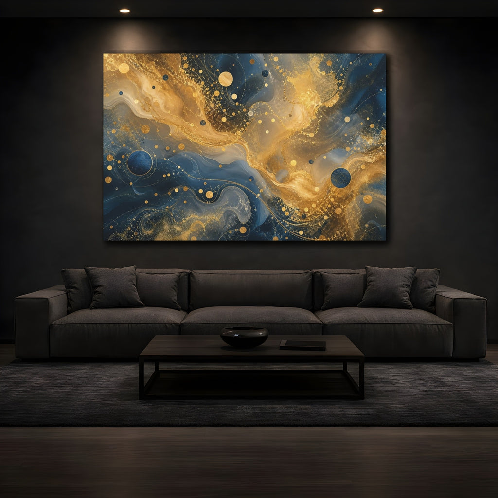 Mockup 3. Abstract Abstract Swirls Blue And Gold Abstract shown as stretched canvas wall art