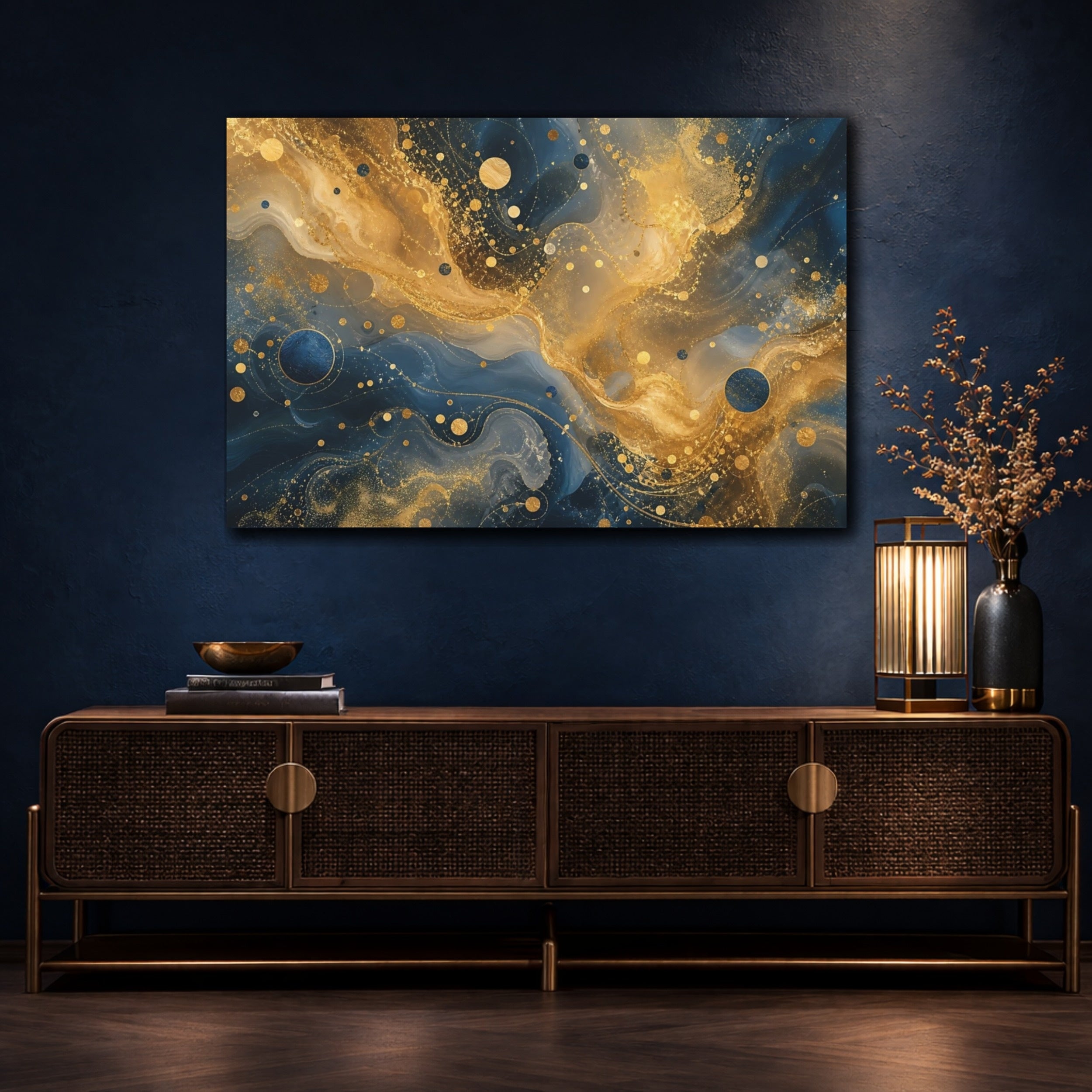 Mockup 4. Abstract Abstract Swirls Blue And Gold Abstract shown as stretched canvas wall art