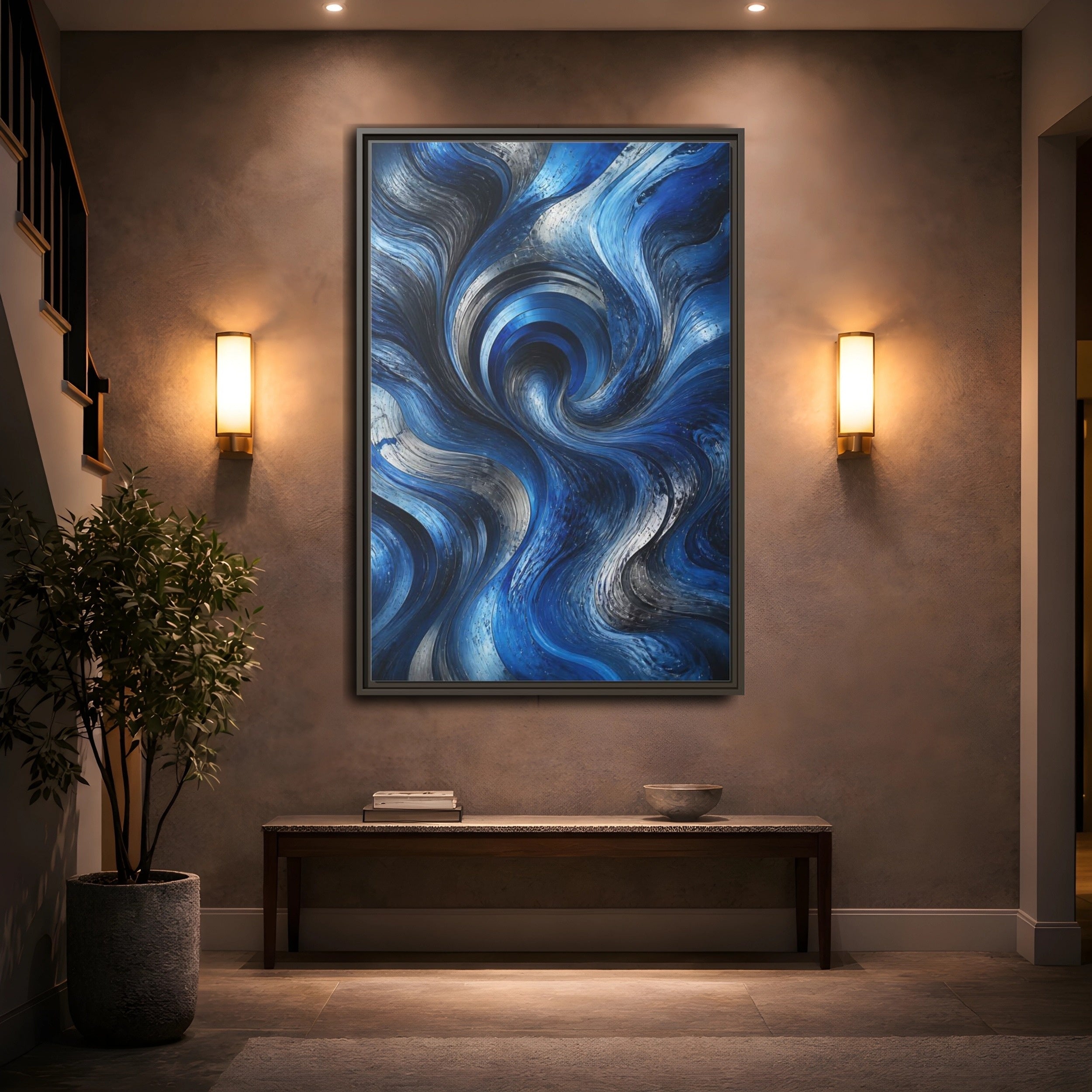 Mockup 2. Abstract Abstract Swirls Blue Silver Swirls shown as stretched canvas wall art