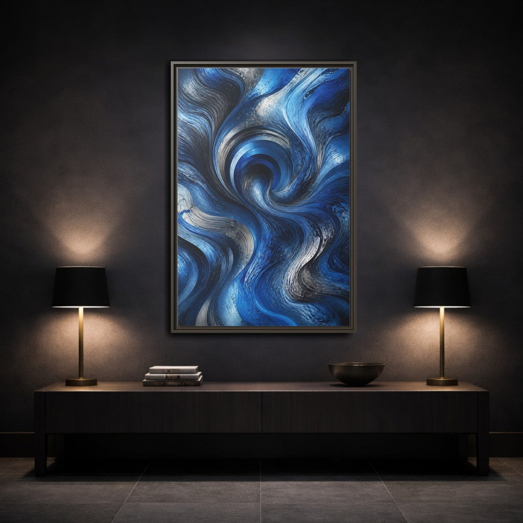 Mockup 3. Abstract Abstract Swirls Blue Silver Swirls shown as stretched canvas wall art