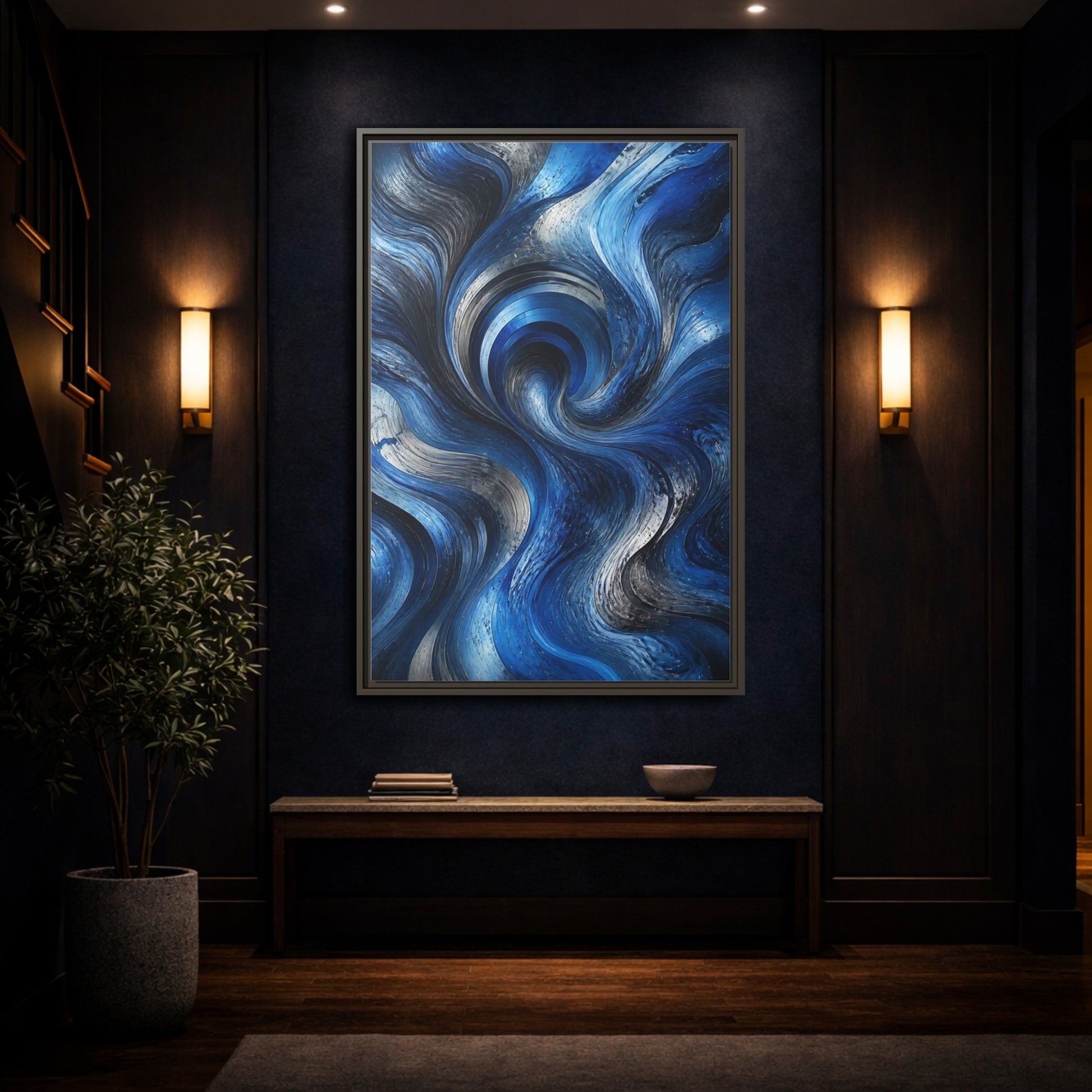 Mockup 4. Abstract Abstract Swirls Blue Silver Swirls shown as stretched canvas wall art