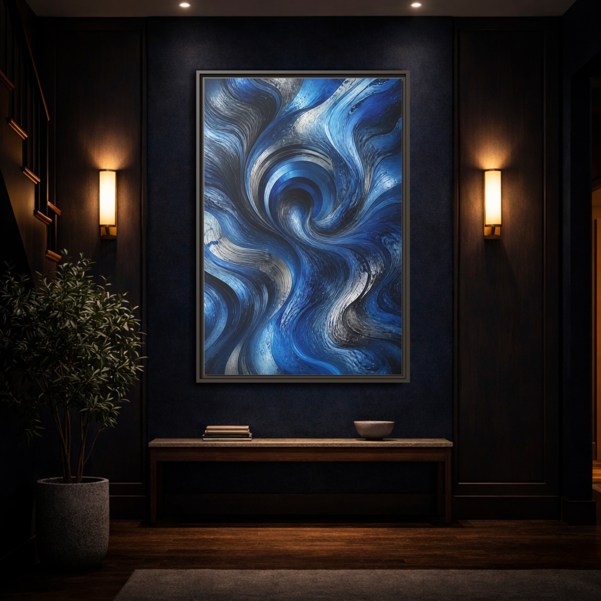 Mockup 4. Abstract Abstract Swirls Blue Silver Swirls shown as stretched canvas wall art