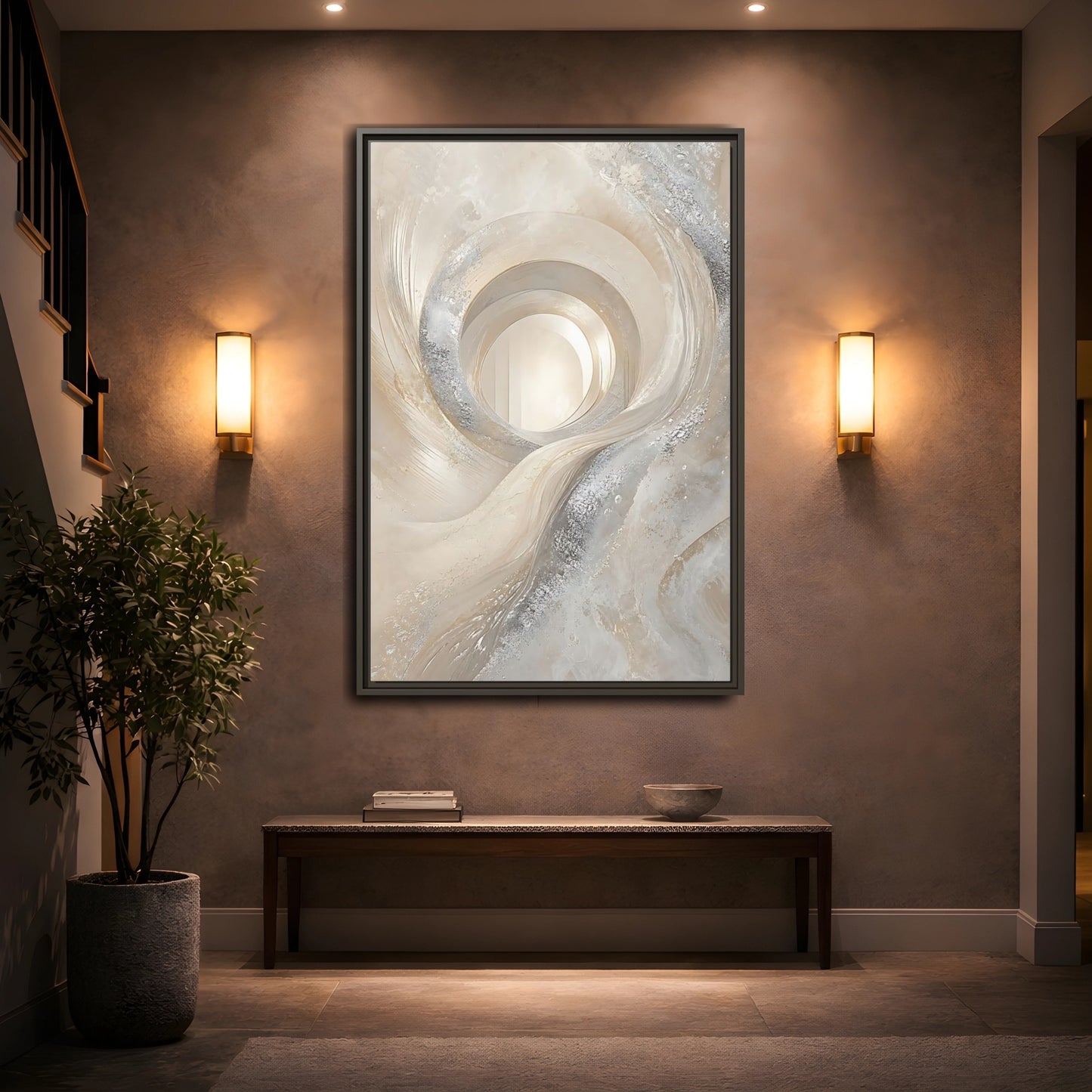 Mockup 2. Abstract Abstract Swirls Cream Silver Abstract shown as stretched canvas wall art