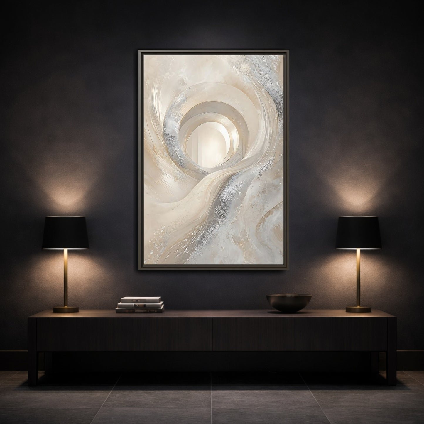 Mockup 3. Abstract Abstract Swirls Cream Silver Abstract shown as stretched canvas wall art