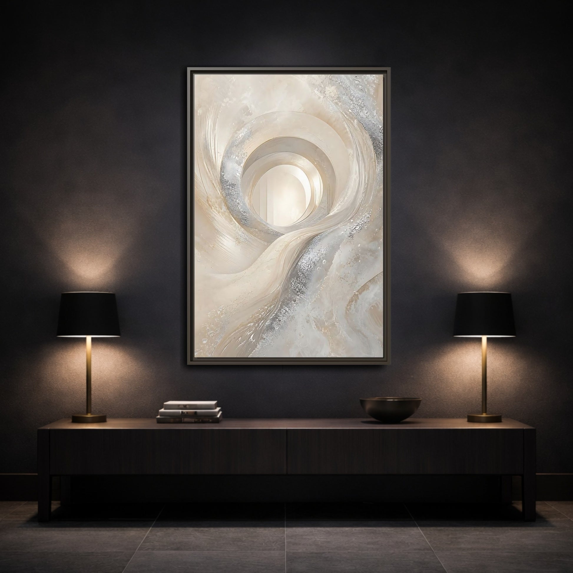 Mockup 3. Abstract Abstract Swirls Cream Silver Abstract shown as stretched canvas wall art