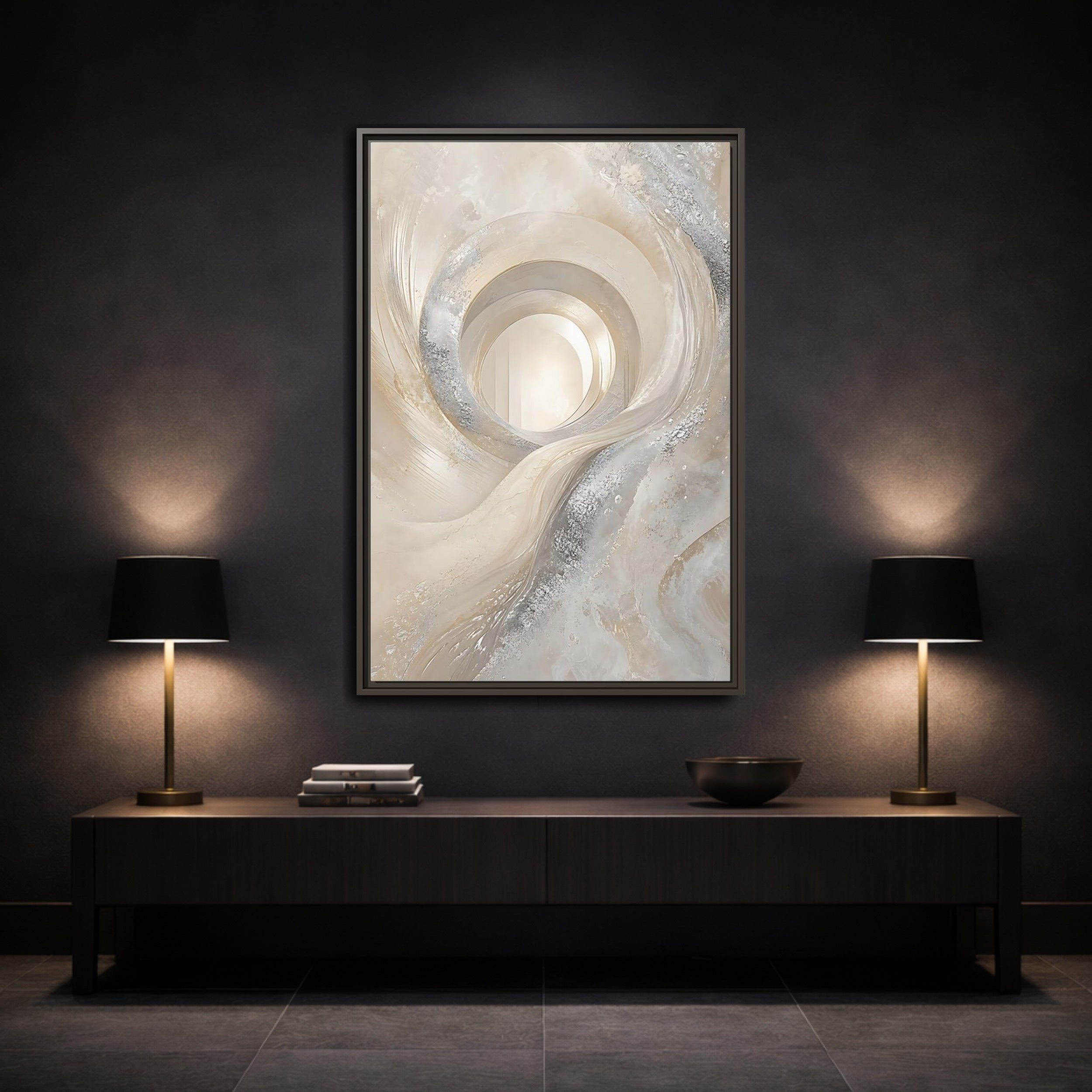 Mockup 3. Abstract Abstract Swirls Cream Silver Abstract shown as stretched canvas wall art