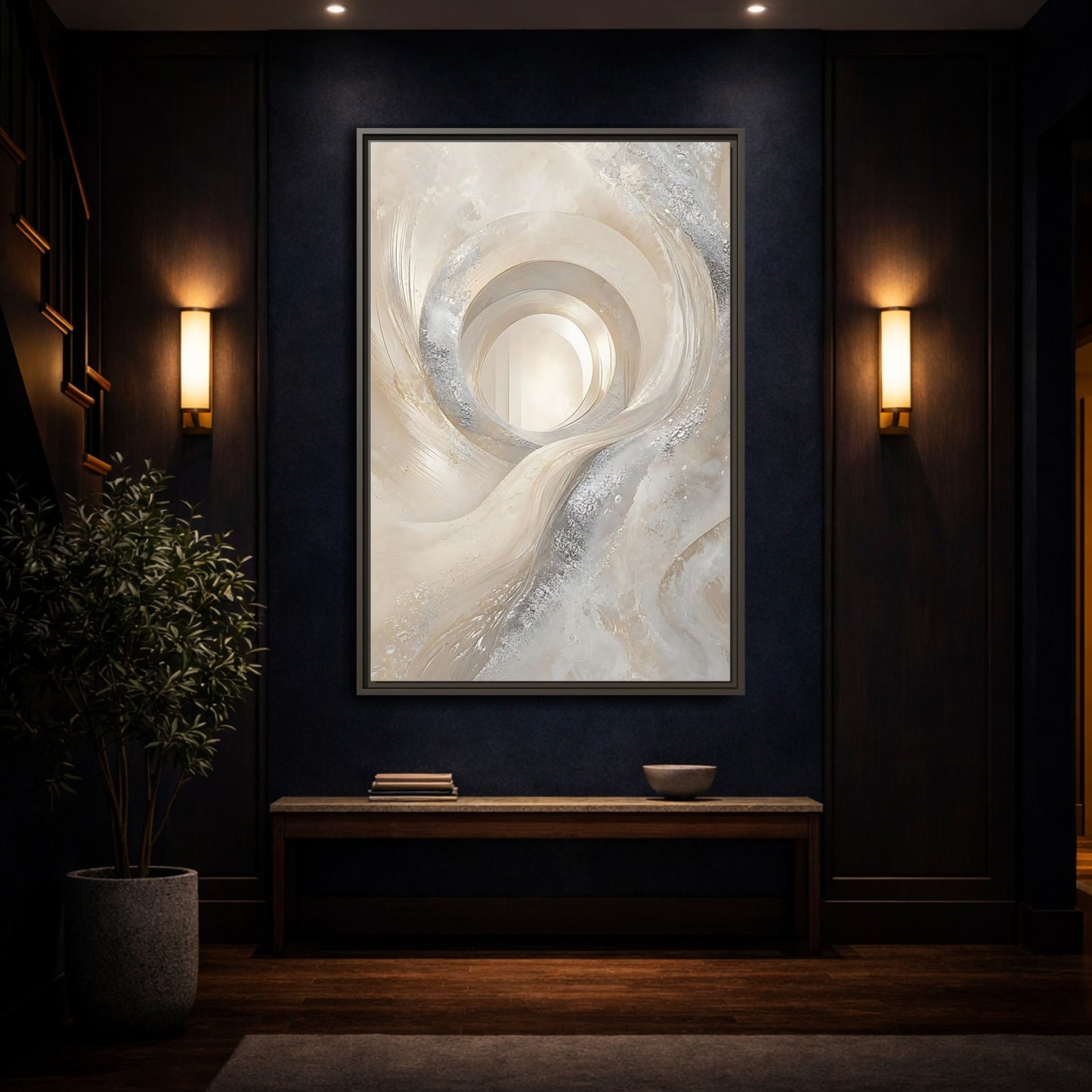 Mockup 4. Abstract Abstract Swirls Cream Silver Abstract shown as stretched canvas wall art