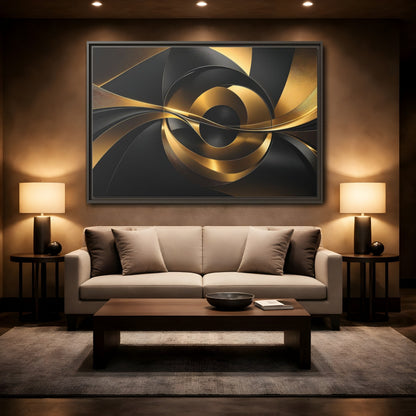 Mockup 2. Abstract Abstract Swirls Gold And Black shown as stretched canvas wall art