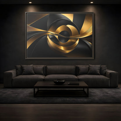 Mockup 3. Abstract Abstract Swirls Gold And Black shown as stretched canvas wall art