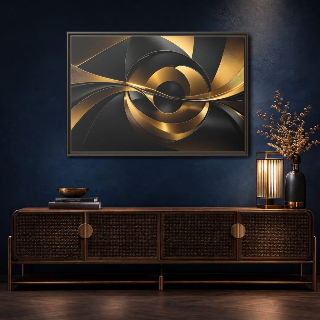 Mockup 4. Abstract Abstract Swirls Gold And Black shown as stretched canvas wall art