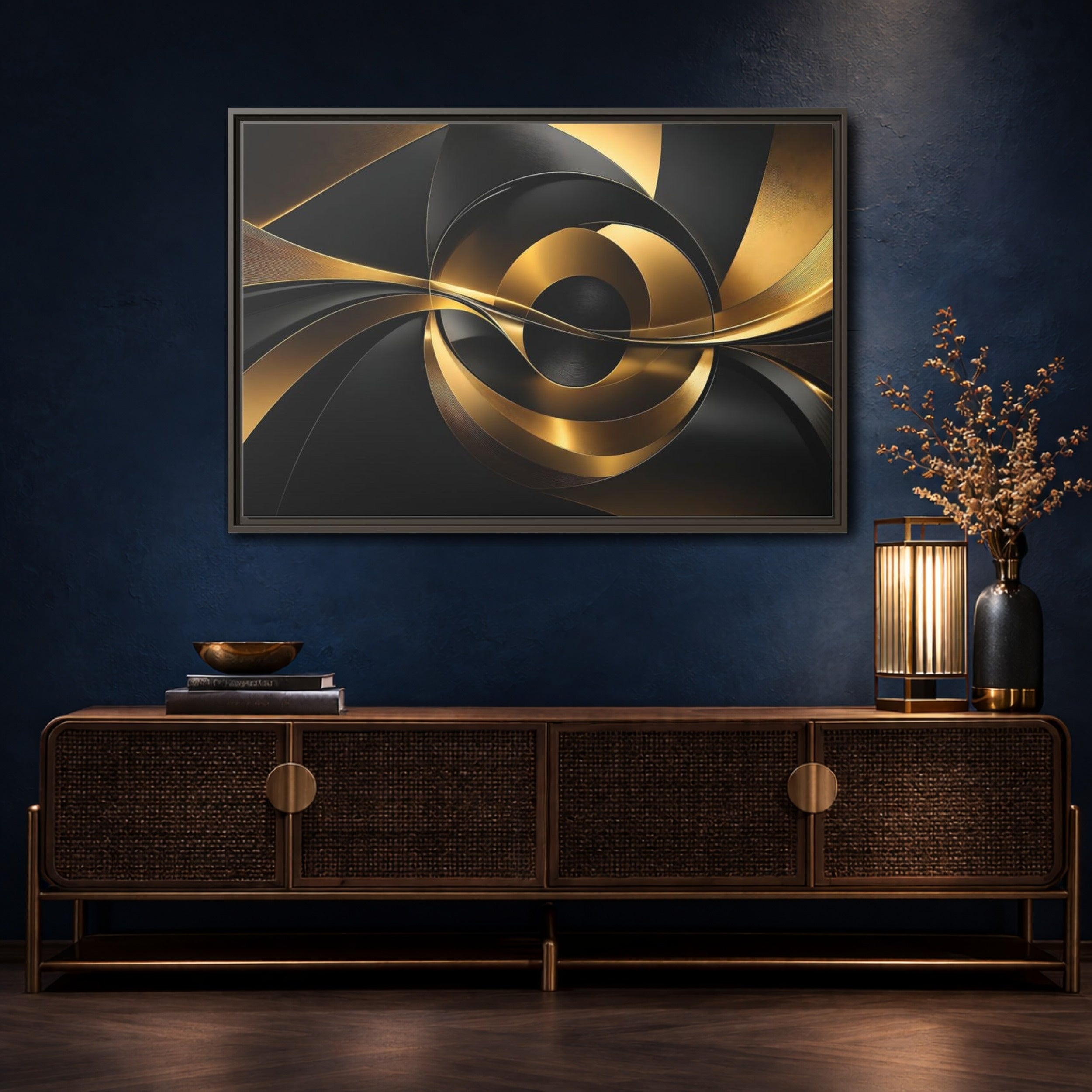 Mockup 4. Abstract Abstract Swirls Gold And Black shown as stretched canvas wall art