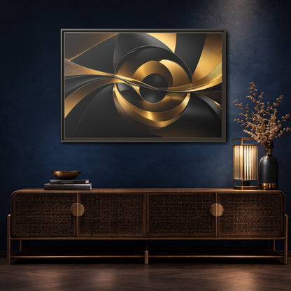 Mockup 4. Abstract Abstract Swirls Gold And Black shown as stretched canvas wall art