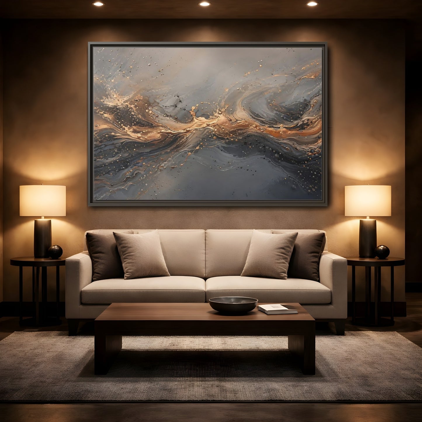 Mockup 2. Abstract Abstract Swirls Gold And Gray shown as stretched canvas wall art
