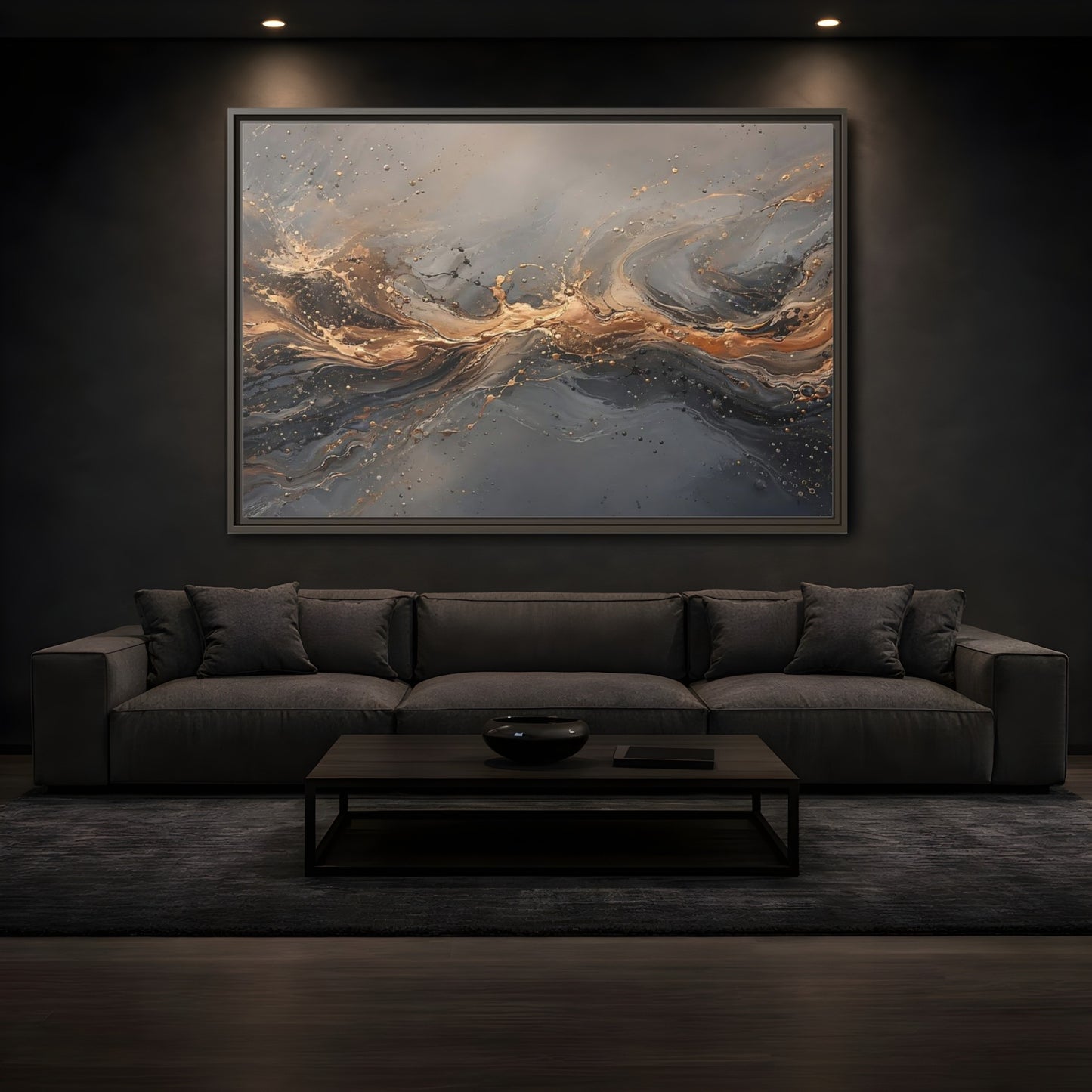 Mockup 3. Abstract Abstract Swirls Gold And Gray shown as stretched canvas wall art