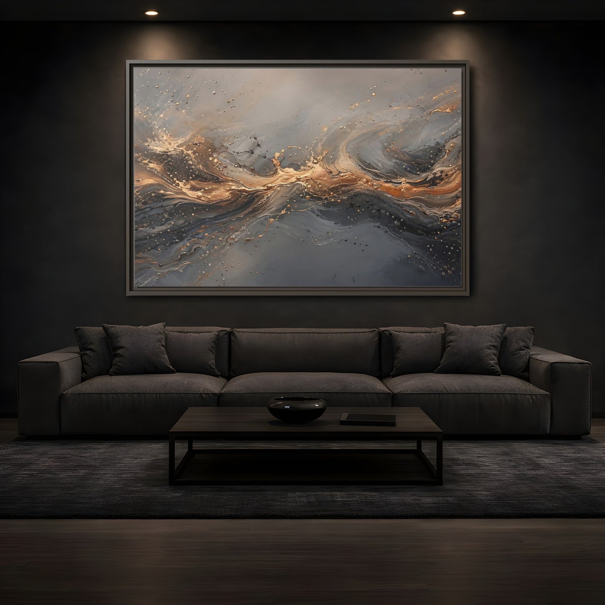 Mockup 3. Abstract Abstract Swirls Gold And Gray shown as stretched canvas wall art