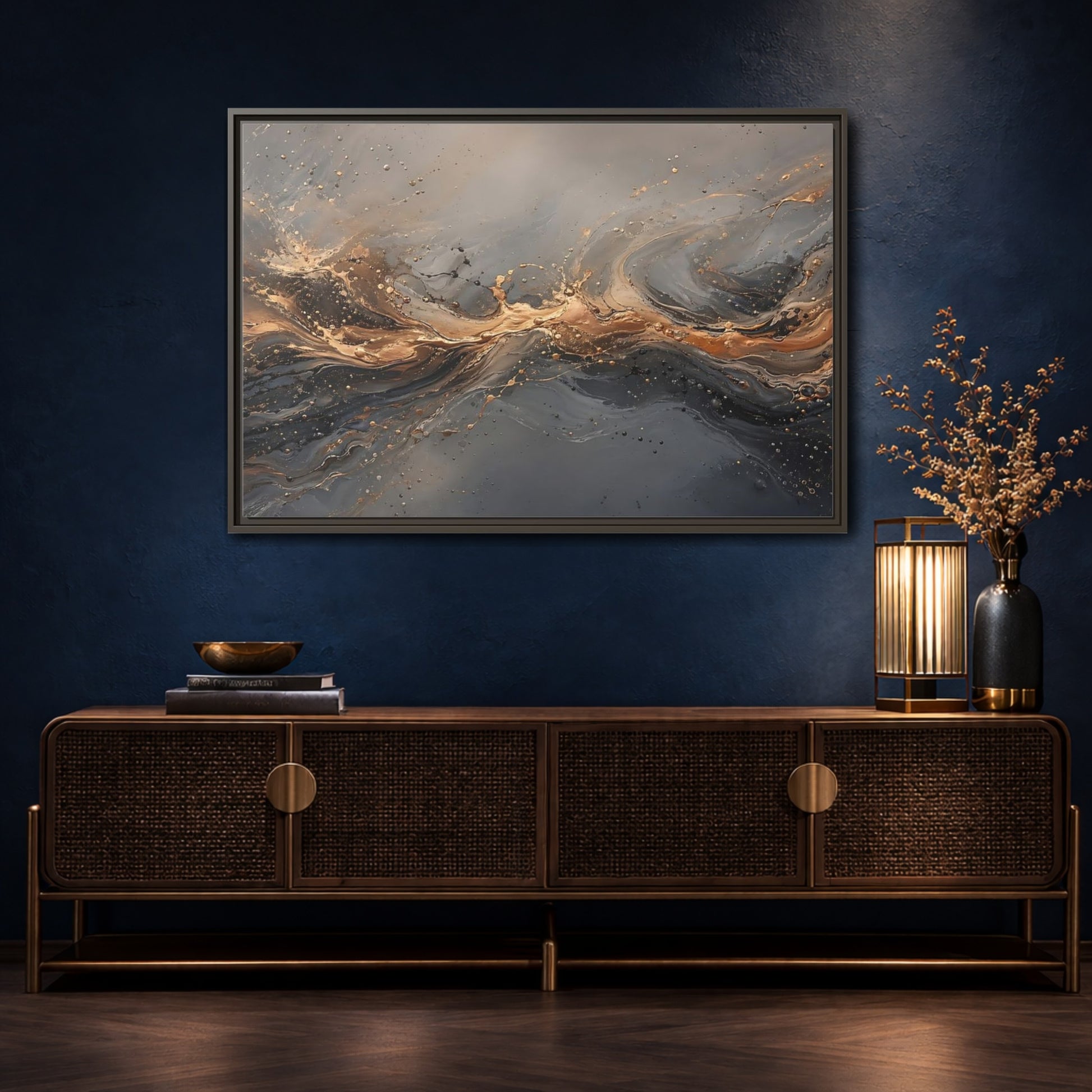 Mockup 4. Abstract Abstract Swirls Gold And Gray shown as stretched canvas wall art