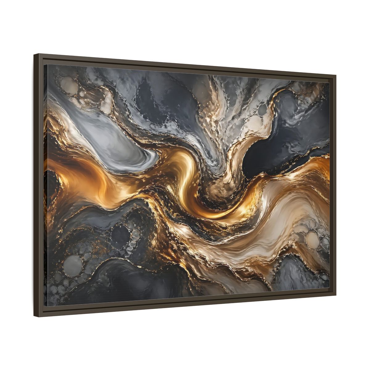 Main Mockup. Abstract Abstract Swirls Gold And Grey shown as stretched canvas wall art