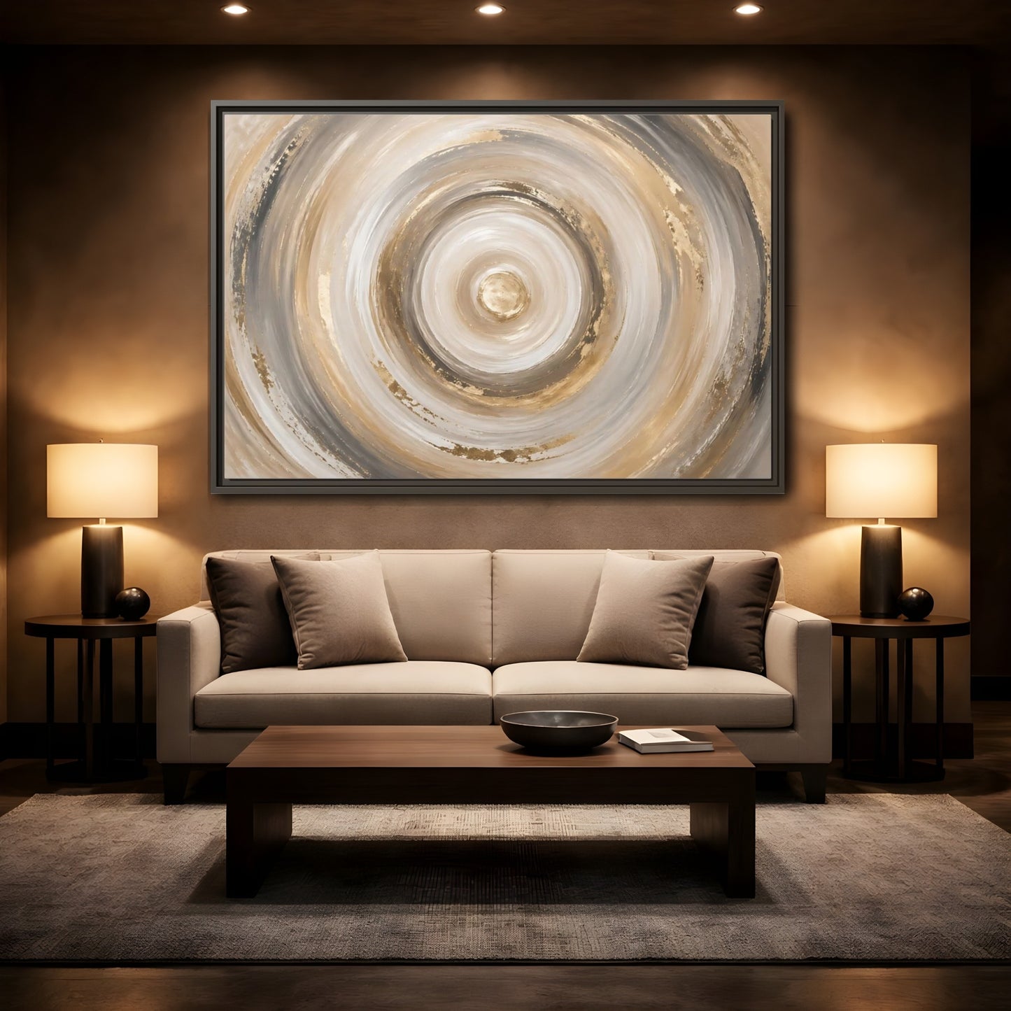 Mockup 2. Abstract Abstract Swirls Gold And Grey shown as stretched canvas wall art