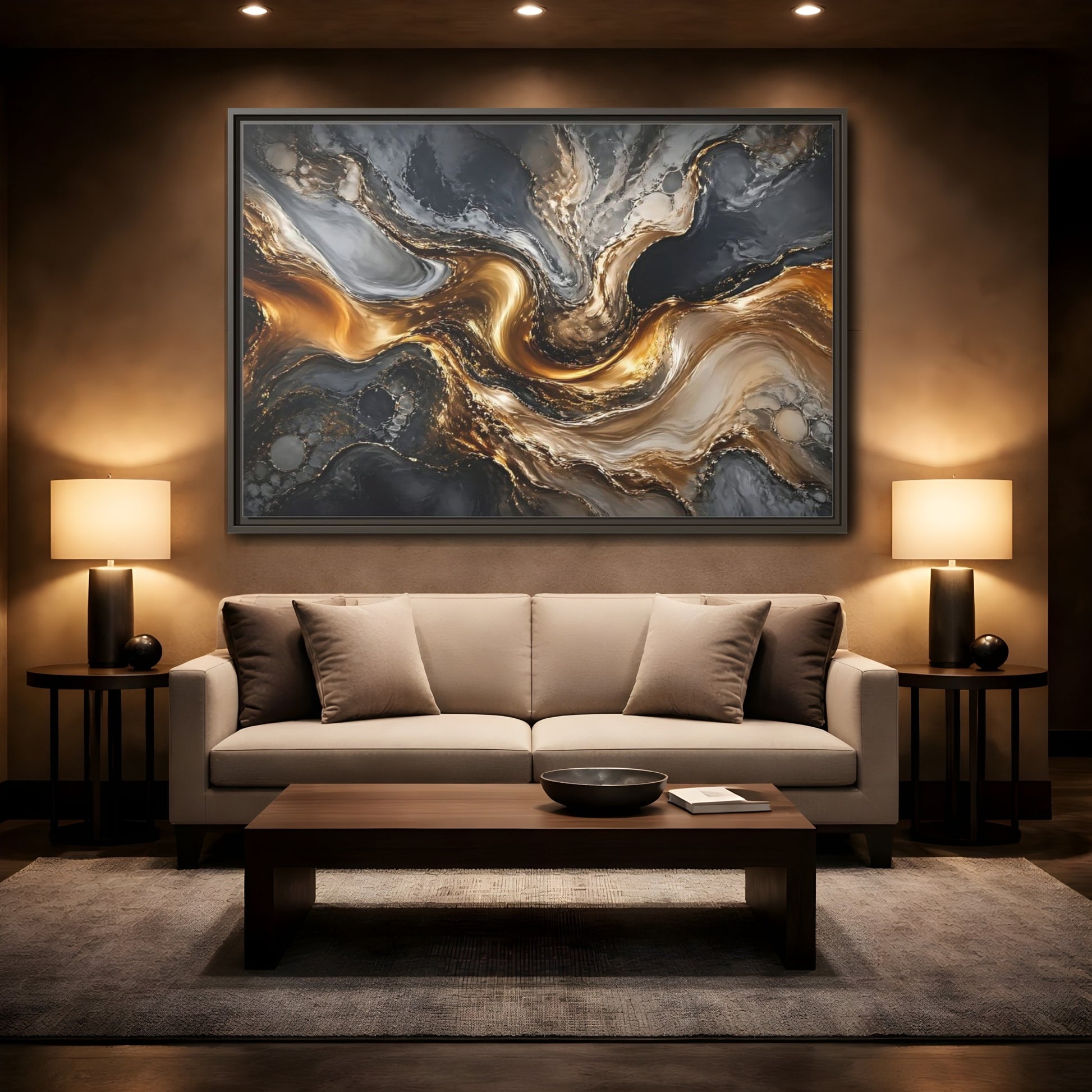Mockup 2. Abstract Abstract Swirls Gold And Grey shown as stretched canvas wall art