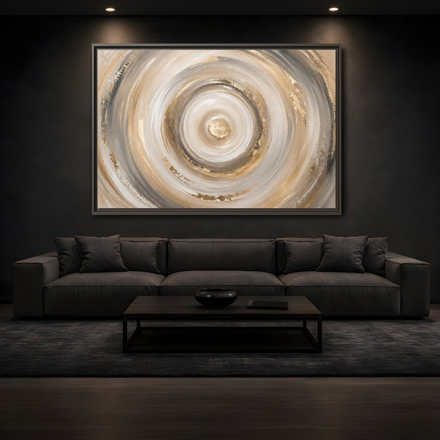 Mockup 3. Abstract Abstract Swirls Gold And Grey shown as stretched canvas wall art
