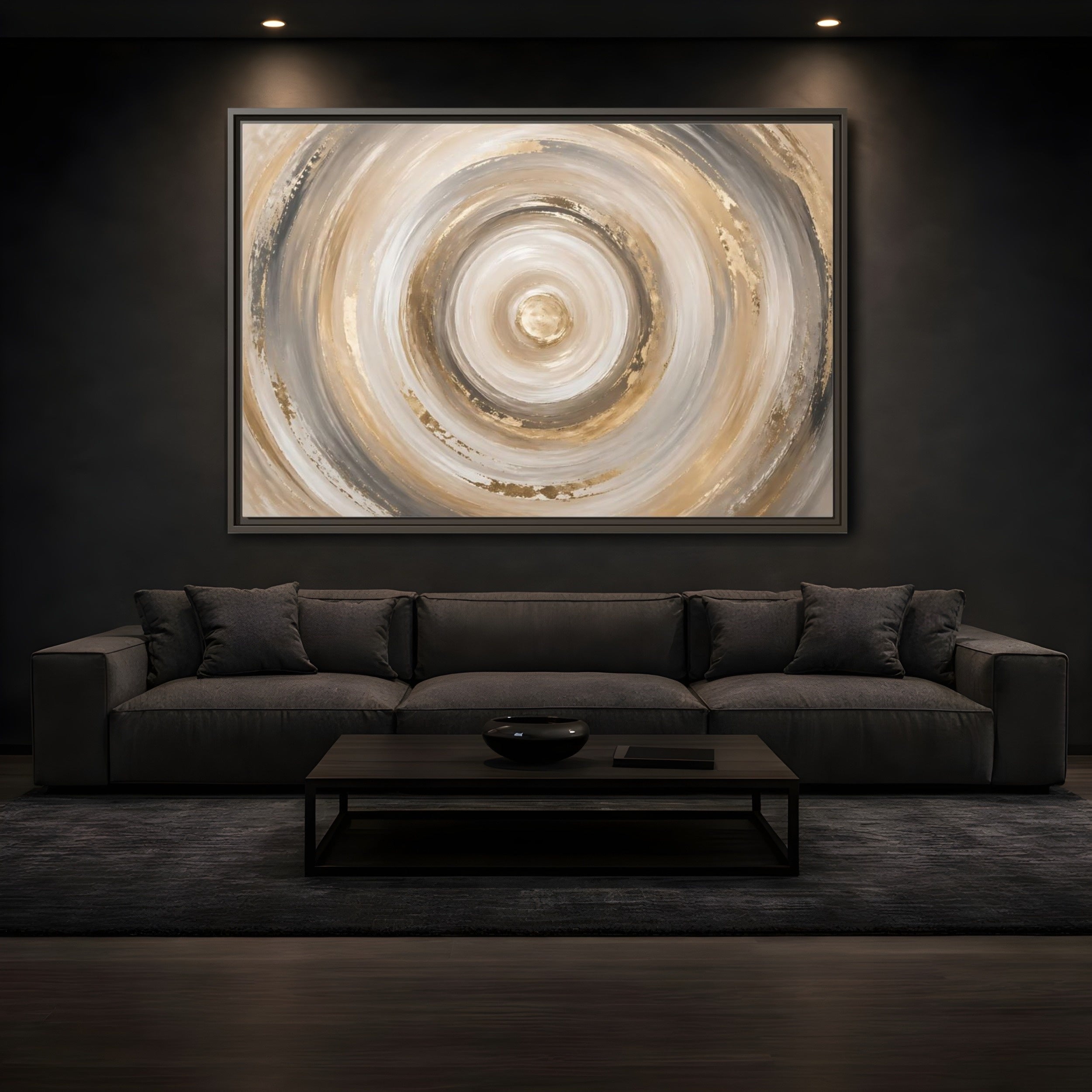 Mockup 3. Abstract Abstract Swirls Gold And Grey shown as stretched canvas wall art