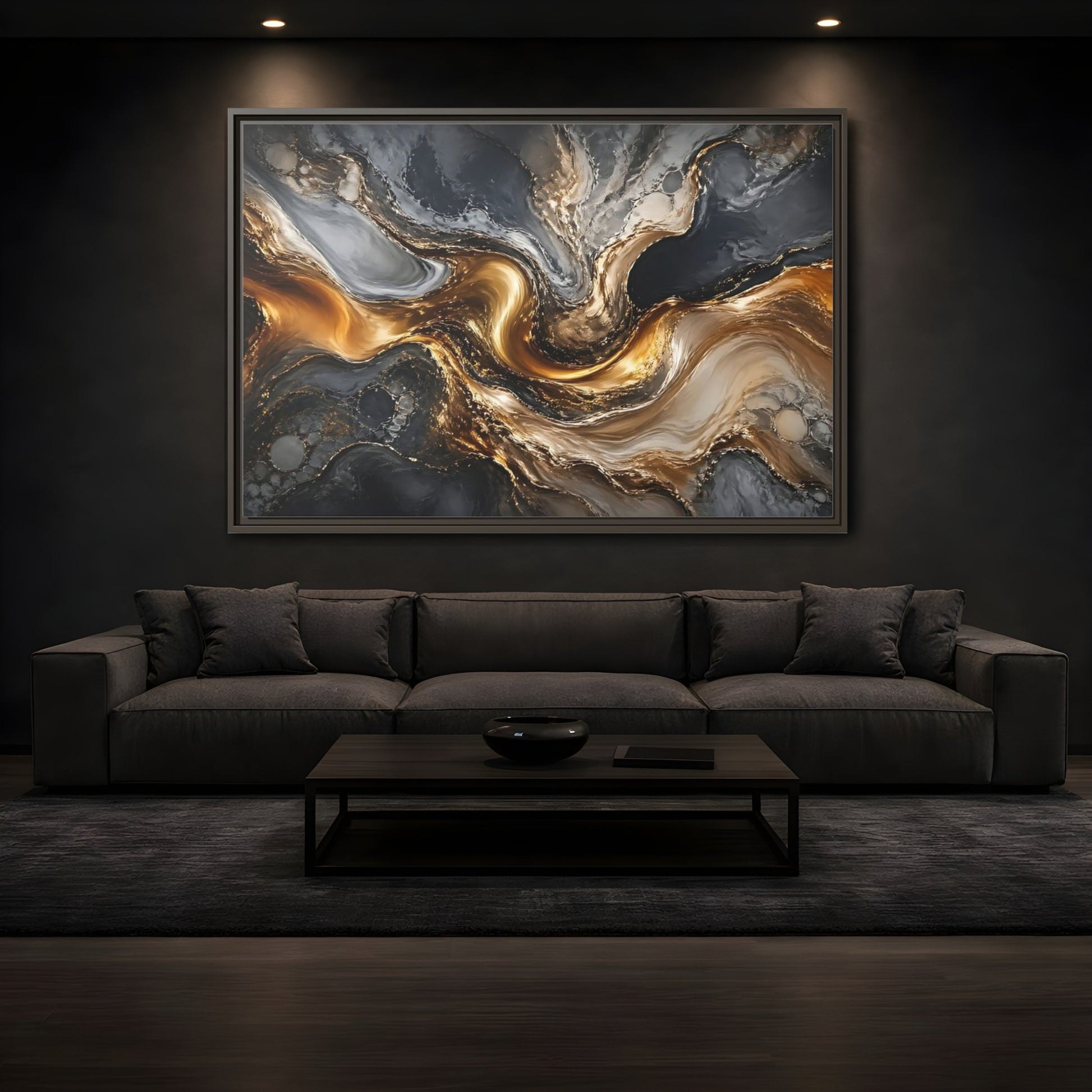 Mockup 3. Abstract Abstract Swirls Gold And Grey shown as stretched canvas wall art