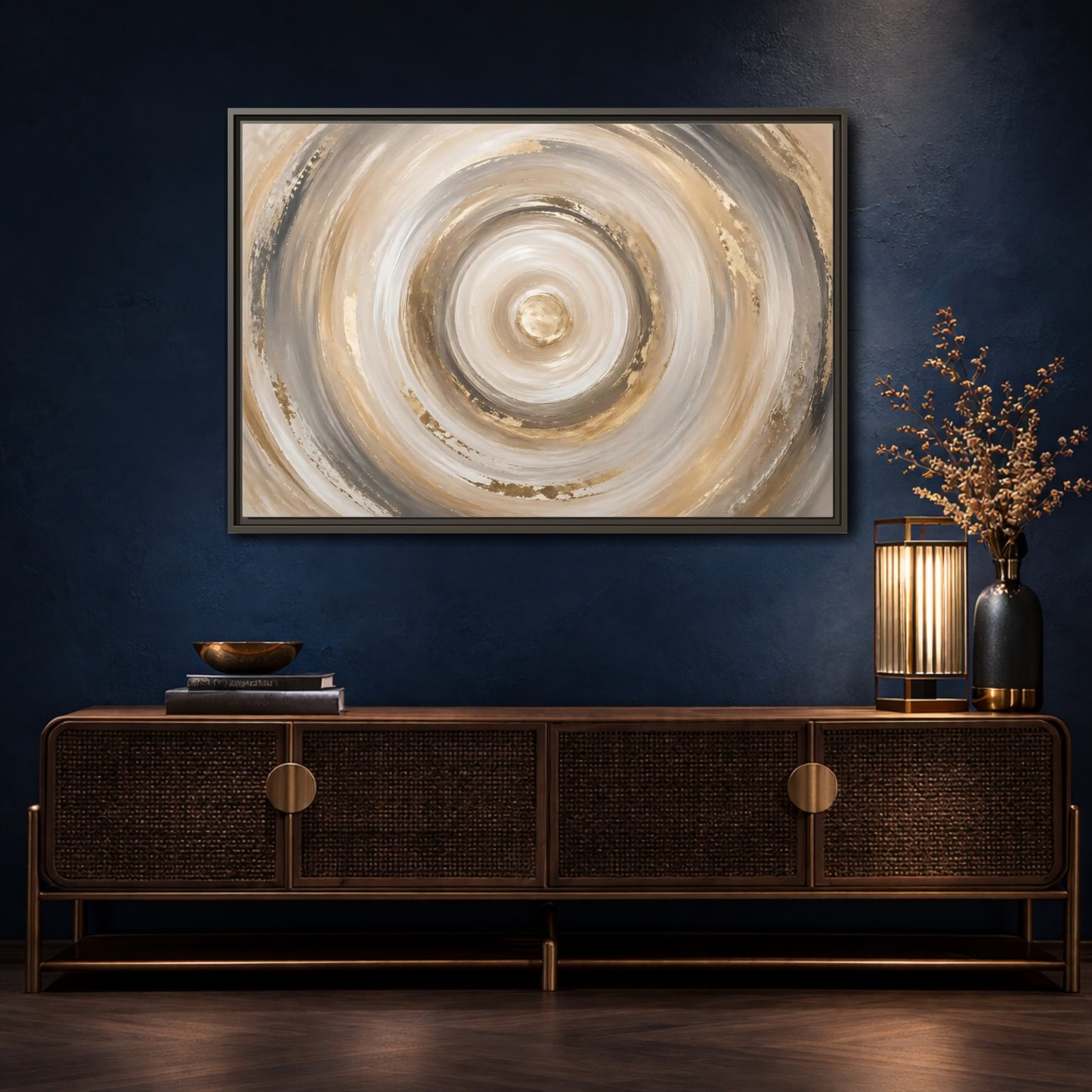 Mockup 4. Abstract Abstract Swirls Gold And Grey shown as stretched canvas wall art