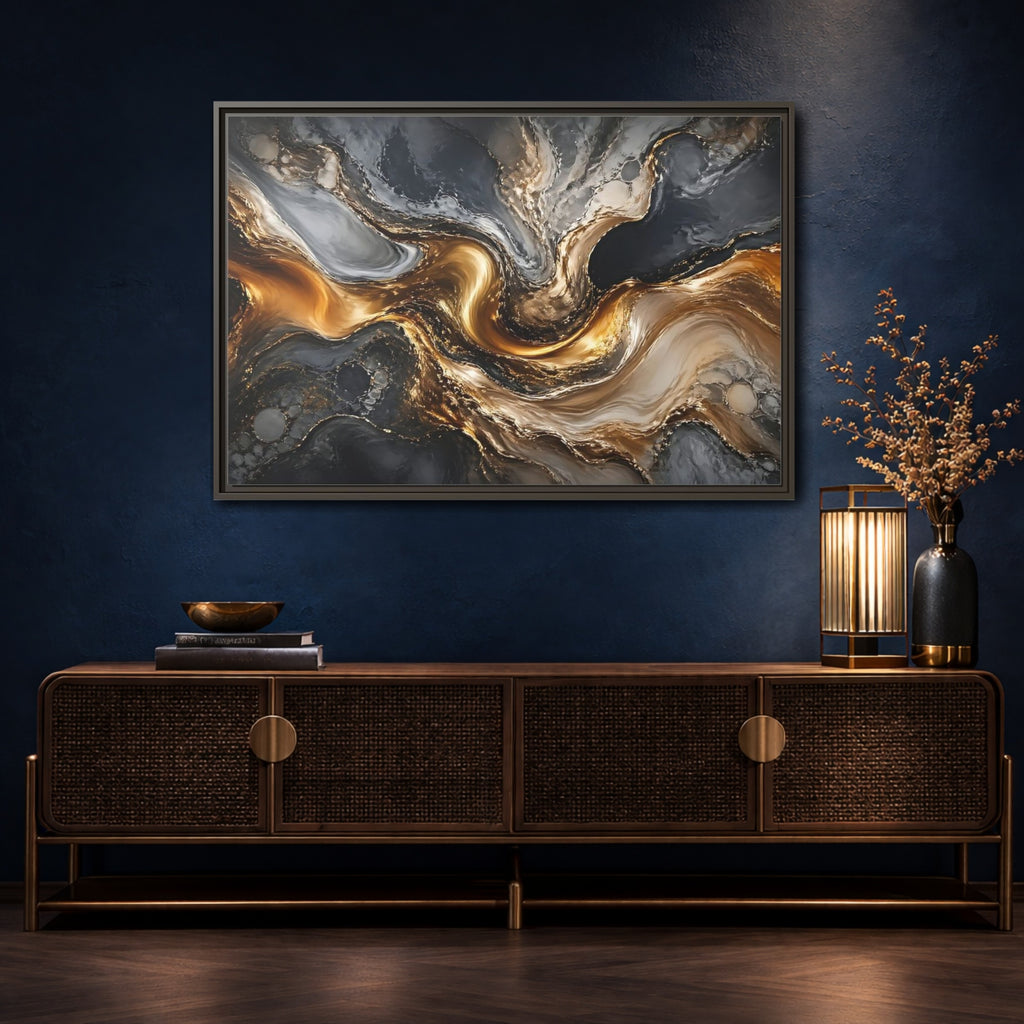 Mockup 4. Abstract Abstract Swirls Gold And Grey shown as stretched canvas wall art
