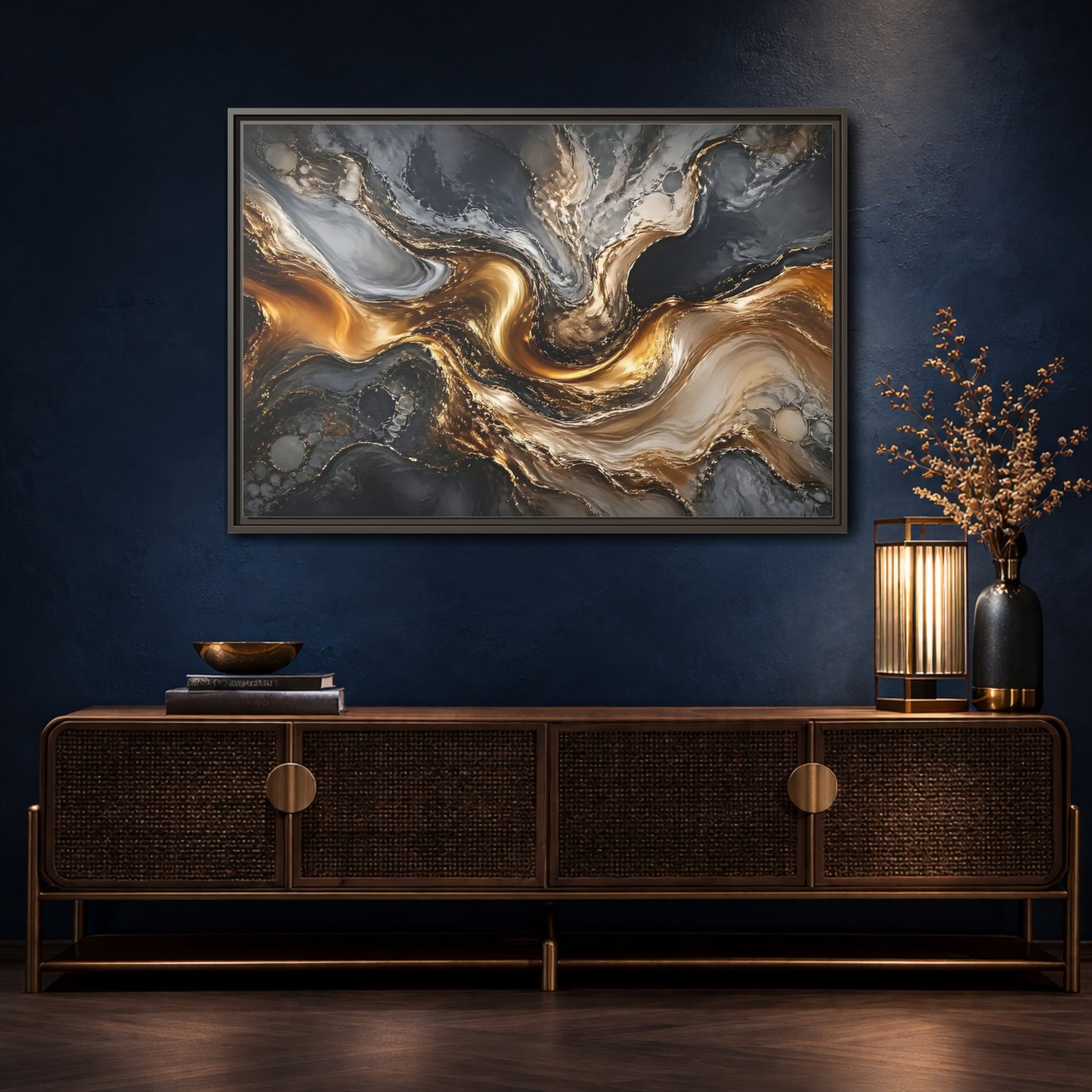 Mockup 4. Abstract Abstract Swirls Gold And Grey shown as stretched canvas wall art