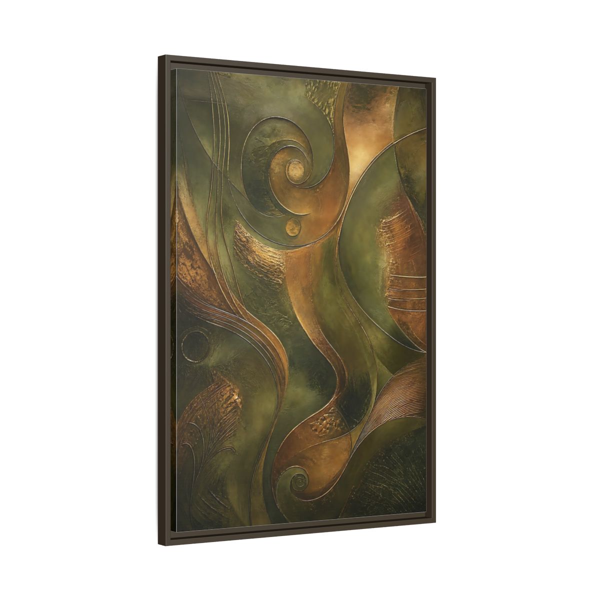 Main Mockup. Abstract Abstract Swirls Green And Gold Abstract shown as stretched canvas wall art