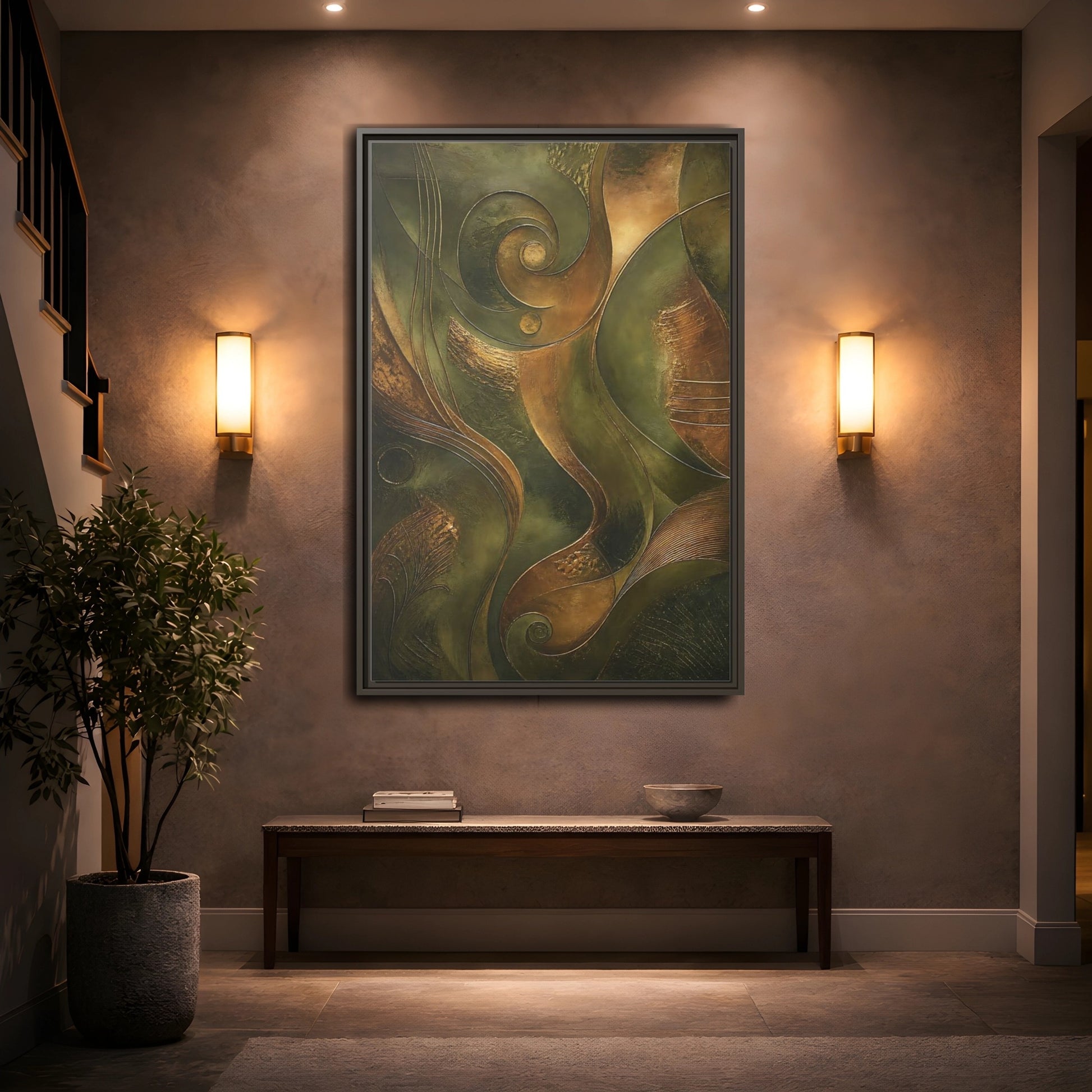 Mockup 2. Abstract Abstract Swirls Green And Gold Abstract shown as stretched canvas wall art
