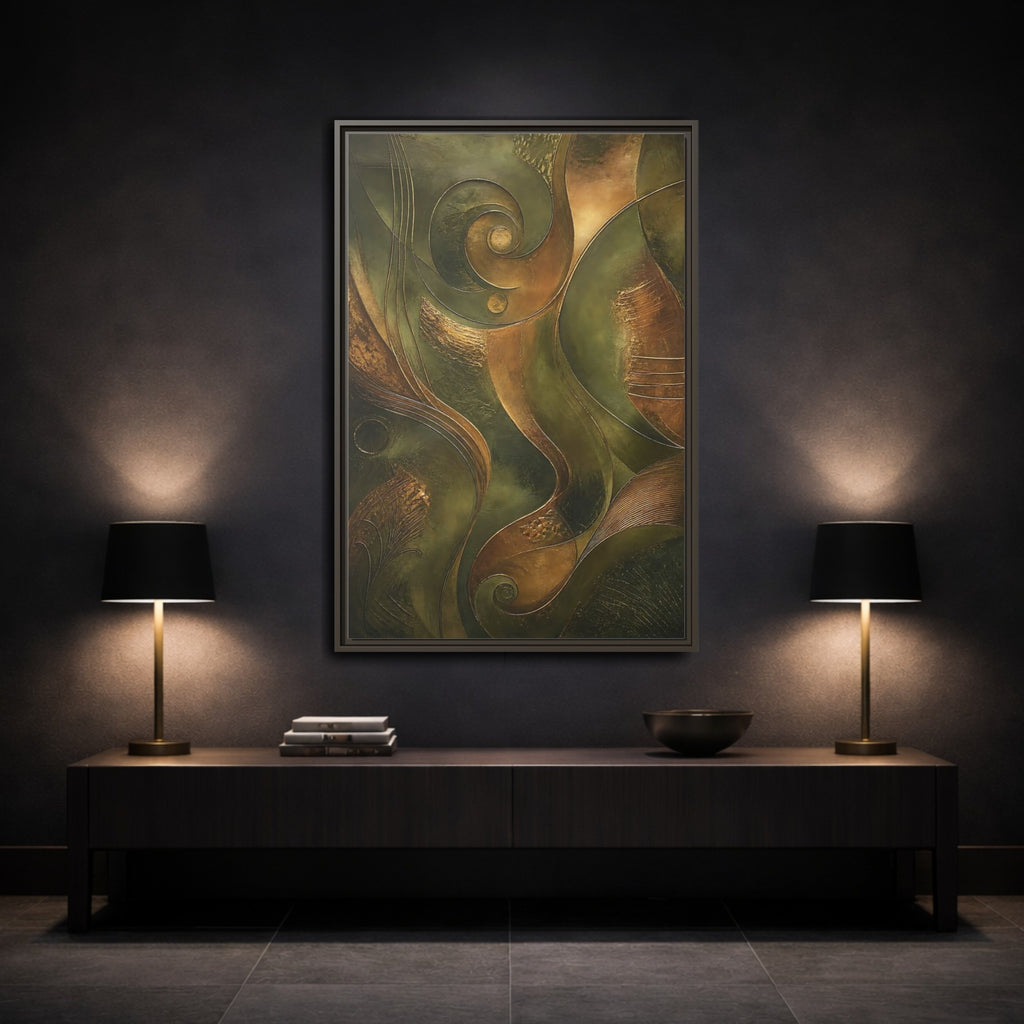 Mockup 3. Abstract Abstract Swirls Green And Gold Abstract shown as stretched canvas wall art
