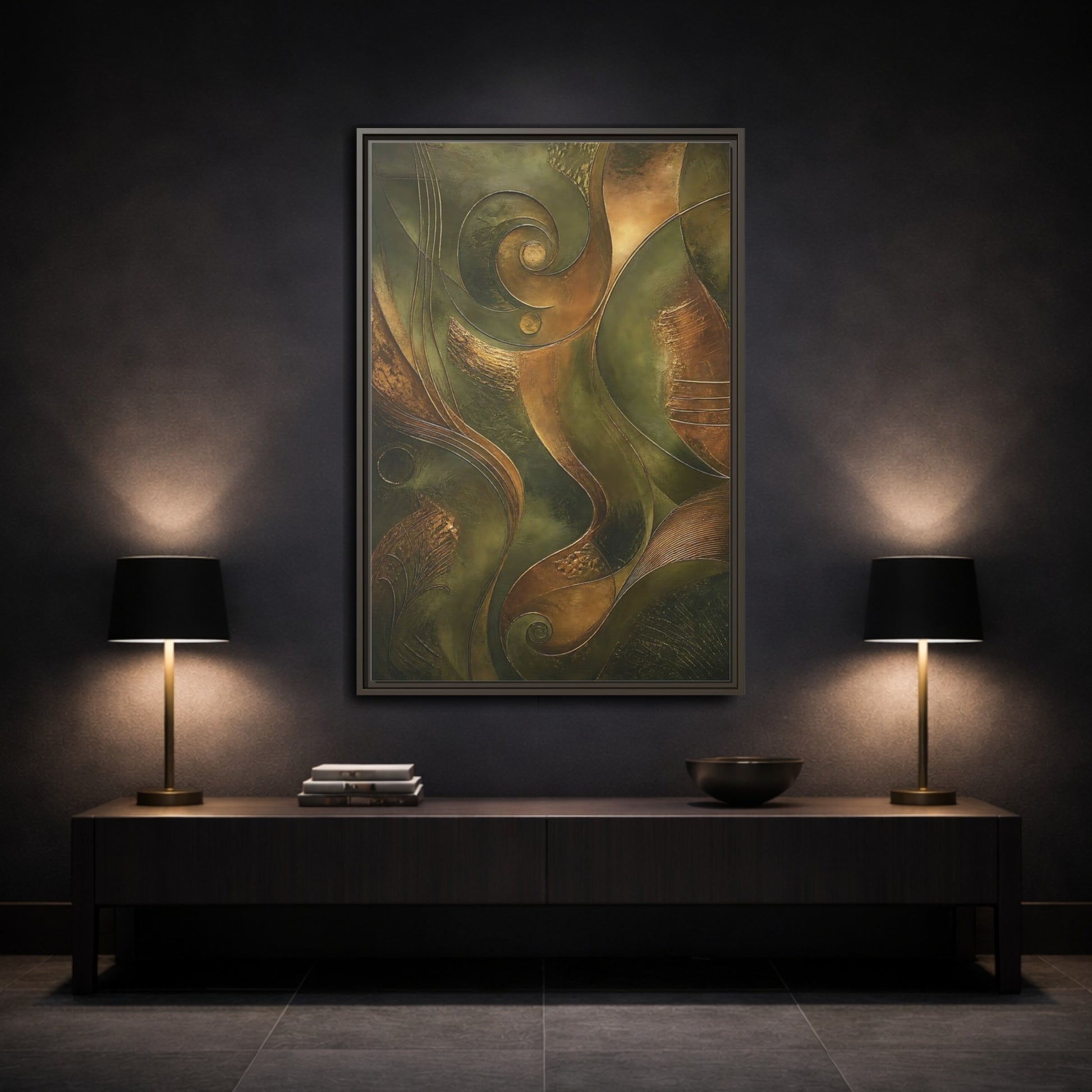 Mockup 3. Abstract Abstract Swirls Green And Gold Abstract shown as stretched canvas wall art