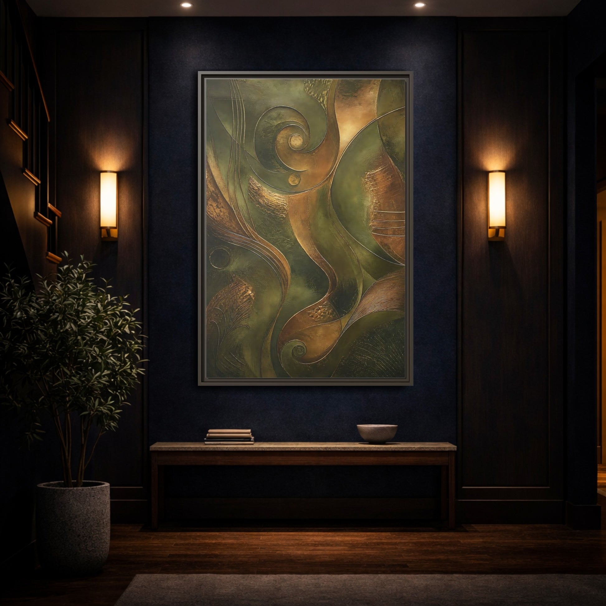 Mockup 4. Abstract Abstract Swirls Green And Gold Abstract shown as stretched canvas wall art