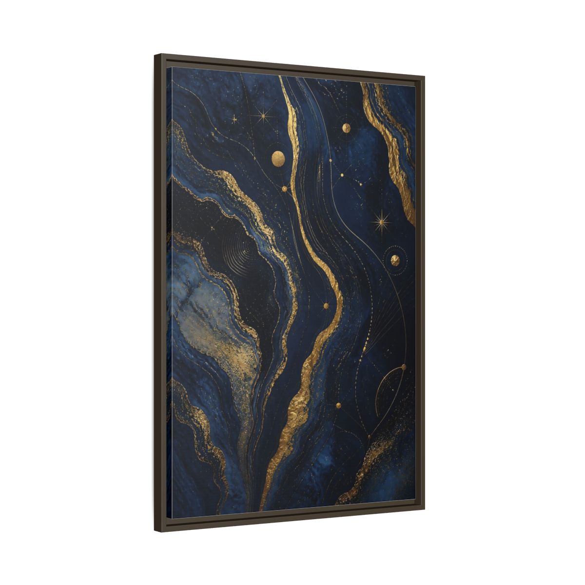 Main Mockup. Abstract Abstract Swirls Navy And Gold shown as stretched canvas wall art