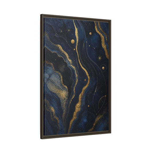 Main Mockup. Abstract Abstract Swirls Navy And Gold shown as stretched canvas wall art
